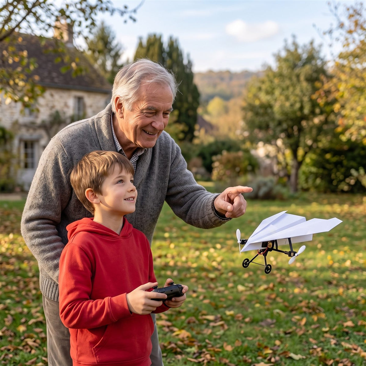 Un grand-père et son petit-fils font voler un avion en papier télécommandé