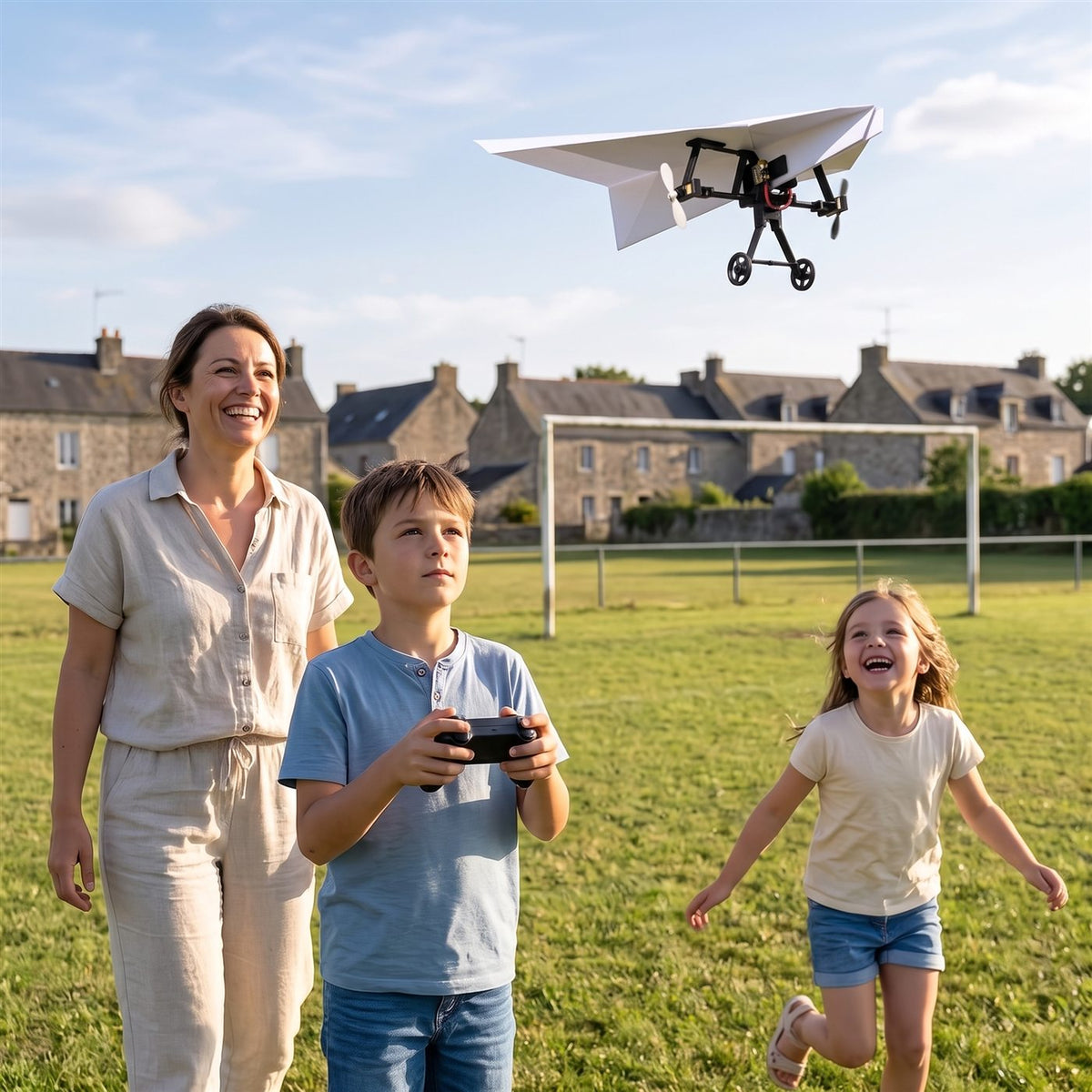 Une famille dehors fait voler un avion en papier télécommandé