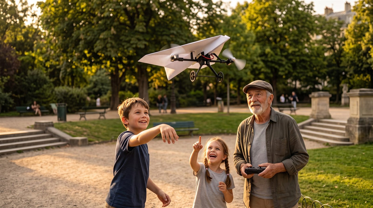 Des enfants et leur grand-père font voler un avion en papier télécommandé au parc