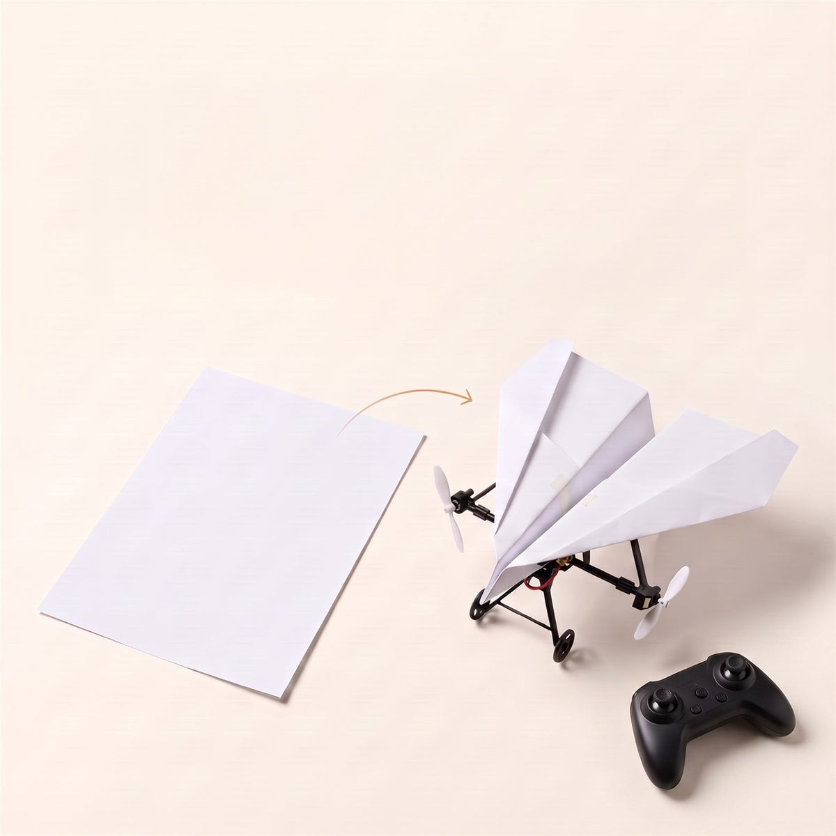 Une feuille A4 et l'avion en papier télécommandé